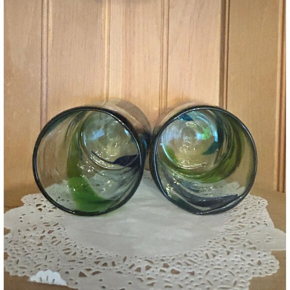 Hand Blown Multicolored Swirl Design Glass Tumblers Cocktails Tequila Blue Green - Picture 5 of 7